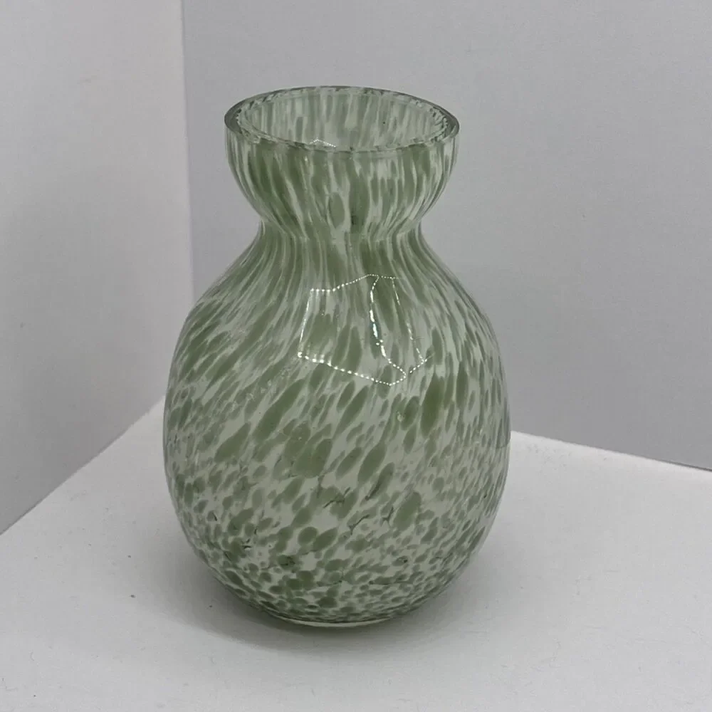 Vintage Spatter Art Glass Bud Vase Pale Green White Mottled Mini 4